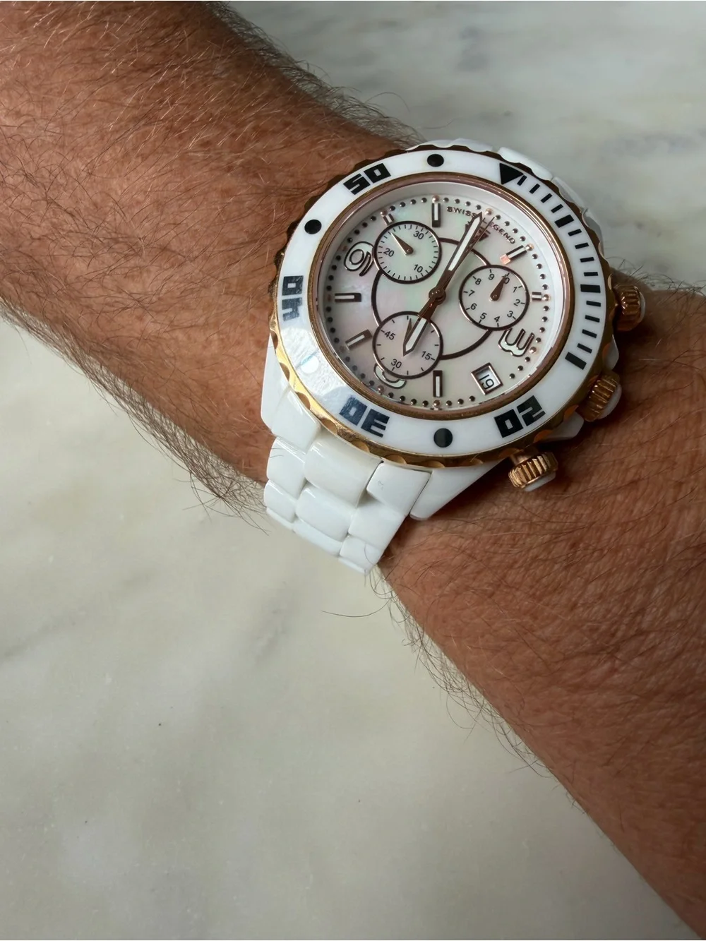 White Ceramic Chronograph Swiss Legend Watch with Rose Gold Accents
